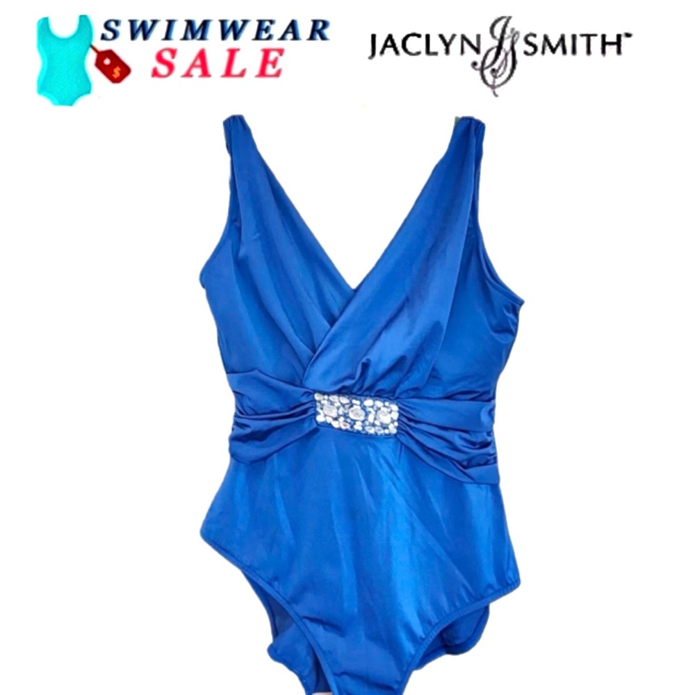 JACLYN SMITH collection Jeweled Bodice 1Piece Swimsuit Royal Blue size10 NWOT